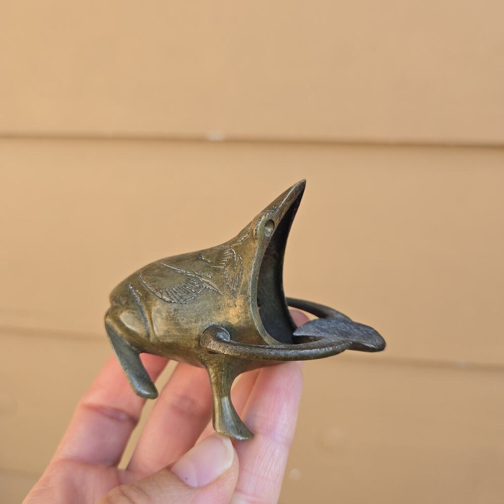Vintage Brass Frog Toad Ashtray Open Mouth